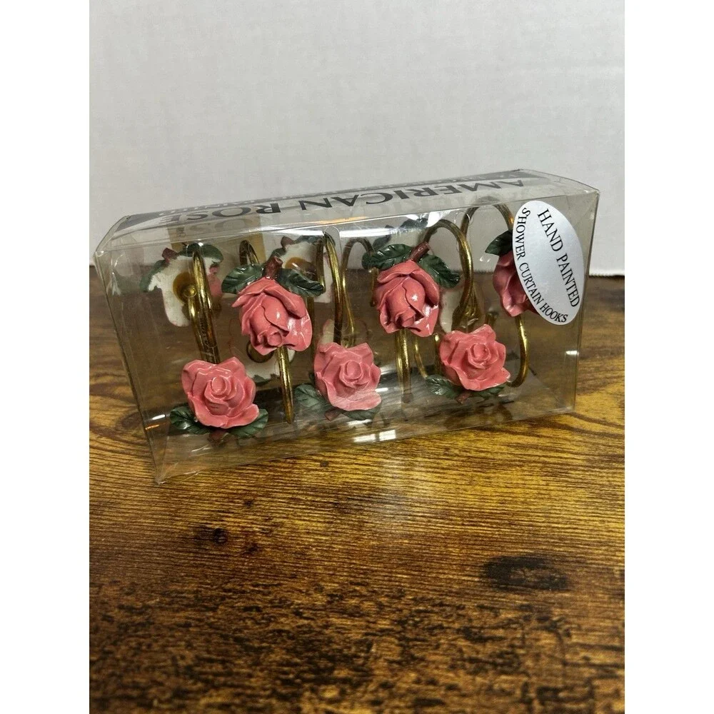Vintage American Rose 12 Hand-Painted Pink Roses Shower Curtain Hooks Set in Box